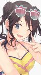  1girl bikini black_hair blue_eyes blush breasts cleavage double_bun eyewear_on_head hair_bun hanetsuka idolmaster idolmaster_shiny_colors mitsumine_yuika multicolored_bikini nail_polish official_alternate_costume open_mouth pink-tinted_eyewear skirt small_breasts smile starfish_earrings sunglasses swimsuit tinted_eyewear twintails white_background yellow_bikini 