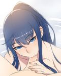  ban bare_shoulders blue_eyes blue_hair character_request collarbone cum cum_in_mouth fellatio grisaia_(series) grisaia_no_kajitsu grisaia_no_meikyuu highres kusakabe_asako looking_at_viewer oral penis ponytail 