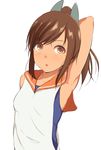  :o arm_behind_head armpits blush brown_eyes brown_hair i-401_(kantai_collection) kantai_collection kurowan short_hair simple_background solo white_background 