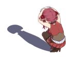  1girl arms_on_head boots brown_boots brown_thighhighs cat_shadow_puppet_(meme) crossed_arms dakuryuu from_above from_behind full_body gloves hair_ribbon hashtag-only_commentary high_heel_boots high_heels highres hitachi_magic_wand hololive houshou_marine houshou_marine_(1st_costume) jacket leotard leotard_under_clothes medium_hair meme pleated_skirt red_hair red_jacket red_ribbon red_skirt ribbon sex_toy shadow_puppet simple_background skirt sleeveless sleeveless_jacket solo squatting thighhighs twintails vibrator virtual_youtuber white_background white_gloves 
