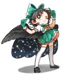  adapted_costume alternate_costume alternate_hair_length alternate_hairstyle bad_id bad_pixiv_id black_hair black_wings bow bowtie cape constellation full_body gloves green_gloves hair_ribbon highres looking_up one_eye_closed puffy_sleeves red_eyes reiuji_utsuho ribbon shirt shoes short_hair short_sleeves simple_background skirt solo star star-shaped_pupils symbol-shaped_pupils thighhighs third_eye touhou white_background white_legwear wings yai_(hachihito) zettai_ryouiki 