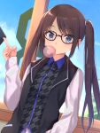  1girl black-framed_eyewear black_hair blowing_bubbles blue_eyes blue_sky chewing_gum collared_shirt commentary_request cowboy_shot glasses idolmaster idolmaster_shiny_colors jacket mitsumine_yuika multicolored_jacket shirt skirt sky solo twintails two-tone_jacket white_skirt window yuki_usagi_(mofurafu) 
