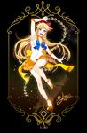  2015 :d aino_minako arm_up armpits bare_legs bishoujo_senshi_sailor_moon black_background blonde_hair blue_bow blue_eyes bow brooch choker dated elbow_gloves full_body gloves hair_bow half_updo iso1206 jewelry long_hair magical_girl open_mouth orange_choker orange_footwear orange_sailor_collar orange_skirt pleated_skirt red_bow sailor_collar sailor_senshi_uniform sailor_venus shoes signature skirt smile solo strappy_heels super_sailor_venus tiara venus_love_me_chain venus_symbol white_gloves yellow_bow 