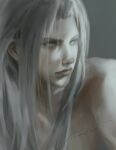  1boy closed_mouth commentary curtained_hair final_fantasy final_fantasy_vii final_fantasy_vii_remake green_eyes grey_background grey_hair hashtag-only_commentary highres long_hair looking_to_the_side male_focus nude riovvvvvvovo sephiroth sideways_glance signature simple_background solo upper_body very_long_hair 