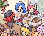  4girls alternate_costume black_hat blonde_hair blue_hair box cake cake_slice chocolate_cake cup disposable_cup enmaided flamberge_(kirby) food food_request francisca_(kirby) gift gift_box hat heart hosikuzubosi_(avvf2277) kirby kirby_(series) maid maid_headdress multiple_girls pink_hair red_hair shop susie_(kirby) waddle_dee zan_partizanne 