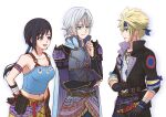  1girl 2boys arm_strap armpit_crease asami_yutori bare_shoulders black_gloves black_hair black_jacket blonde_hair blue_cape blue_eyes blue_headband blue_shirt breasts brown_gloves cape closed_mouth cloud_strife cloud_strife_(locke&#039;s_outfit) collarbone commentary_request cosplay crop_top dagger earrings edgar_roni_figaro edgar_roni_figaro_(cosplay) final_fantasy final_fantasy_vi final_fantasy_vii final_fantasy_vii_ever_crisis gloves grey_hair hands_on_own_hips headband jacket jewelry knife large_breasts locke_cole locke_cole_(cosplay) long_hair looking_at_another low_ponytail midriff_peek multiple_boys navel necklace official_alternate_costume open_clothes open_jacket open_mouth ponytail red_eyes sabin_rene_figaro sabin_rene_figaro_(cosplay) sephiroth sephiroth_(edgar&#039;s_attire) sephiroth_(ever_crisis) shirt short_hair smile spiked_hair sweatdrop tifa_lockhart tifa_lockhart_(sabin&#039;s_style) upper_body weapon white_background 