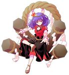  alphes_(style) anklet crossed_legs dairi full_body hair_ornament highres jewelry leaf leaf_hair_ornament long_skirt looking_at_viewer maple_leaf onbashira outstretched_arms parody purple_hair red_eyes rope sandals shimenawa sitting skirt smile solo style_parody tachi-e touhou transparent_background tunic yasaka_kanako 