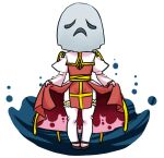  1girl arch_bishop_(ragnarok_online) black_shoes commentary_request cross curtsey dress frilled_thighhighs frills full_body ghost_mask juliet_sleeves long_sleeves looking_at_viewer open_mouth puffy_sleeves ragnarok_online red_dress sasamuke_pika sash shoes simple_background solo standing thighhighs two-tone_dress white_background white_dress white_thighhighs yellow_sash 