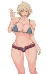  1girl bakugou_mitsuki blonde_hair blush boku_no_hero_academia breasts cleavage elizabeth_(ren0522) eyebrows_visible_through_hair highres looking_at_viewer open_mouth red_eyes shiny shiny_skin short_hair simple_background solo white_background 