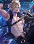  abs arm_behind_head armpits asymmetrical_clothes banned_artist blonde_hair blue_eyes buster_sword cloud_strife cowboy_shot earrings final_fantasy final_fantasy_vii final_fantasy_vii_advent_children gloves jewelry male_focus navel nipples open_clothes open_shirt over_shoulder parted_lips pointing pointing_at_self sakimichan shirt single_spaulder sitting solo sword sword_over_shoulder toned toned_male unzipped watermark weapon weapon_over_shoulder web_address 