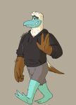 3_toes 4_fingers anthro arm_hair avian barefoot biped bird blue-footed_booby blue_face body_hair booby_(bird) bottomwear brown_body brown_feathers bulge clothing doug_(nardodraws) eyebrows feathers feet fingers gesture half-closed_eyes hi_res hoodie leg_hair looking_at_viewer male male_anthro membrane_(anatomy) nardodraws narrowed_eyes raised_eyebrow shirt shorts simple_background smile solo standing sulid suliform toes topwear walking waving waving_at_viewer webbed_feet white_body white_feathers