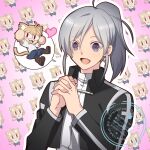  1girl black_jacket cropped_jacket grey_hair heart heart_in_eye high_ponytail highres hirakawa interlocked_fingers jacket long_hair melty_blood neco-arc ponytail riesbyfe_stridberg shirt solo spoken_character symbol_in_eye tsukihime tsukihime_(remake) upper_body white_shirt 