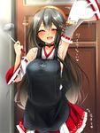  ^_^ anchor_symbol apron arm_up armpits bare_shoulders black_hair blush breasts closed_eyes detached_sleeves door facing_viewer hair_ornament hairband hairclip happy haruna_(kantai_collection) headgear highres kantai_collection ladle large_breasts long_hair nontraditional_miko open_mouth partially_translated ribbon-trimmed_sleeves ribbon_trim skirt smile solo translation_request tsukui_kachou upper_body waving 