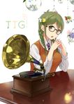  :o acronym alternate_hairstyle bespectacled braid chikurin_(sasamori_tomoe) english flower glasses green_eyes green_hair hair_ornament hair_over_shoulder hairclip hands_clasped kunreishiki necktie open_mouth original own_hands_together phonograph record sasamori_tomoe solo sweater_vest twin_braids white_background wooden_table 