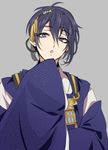  :o blue_eyes grey_background long_sleeves male_focus mikazuki_munechika natsuhachi purple_hair sayagata simple_background sleeves_past_wrists solo touken_ranbu unmoving_pattern upper_body 