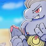 1:1 beach beach_background big_penis champion_belt dan_34 erection generation_1_pokemon genitals gesture glans grey_body grey_skin hand_gesture hi_res humanoid machamp male markings muscular nintendo nipples pecs penis penis_grab pink_glans pink_nipples pokemon pokemon_(species) red_eyes red_markings smile solo solo_focus v_sign
