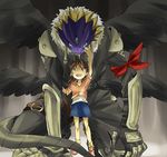  ai_(digimon_tamers) beelzebumon beelzebumon_blast_mode black_wings blonde_hair brown_hair demon digimon digimon_tamers fur_coat gauntlets helmet ribbon short_hair third_eye wings 