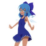  :d adapted_costume armpits bare_arms bare_shoulders blue_eyes blue_hair blush bow casual cato_(monocatienus) cirno collarbone cowboy_shot dress hair_bow ice ice_wings large_bow looking_at_viewer open_mouth outstretched_arms petite short_hair smile solo sundress touhou tsurime wavy_hair white_background wings 