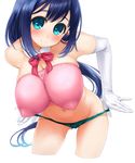  areolae blue_eyes blue_hair blush bow breasts cameltoe cleavage covered_nipples elbow_gloves gloves highres impossible_clothes large_areolae large_breasts leaning_forward long_hair navel panties panty_pull pussy_peek smile solo takanashi underwear wedgie 