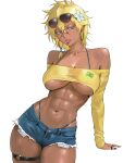  1girl abs alternate_costume bare_shoulders bikini bikini_under_clothes bikini_under_shorts bion_(insomn_bion) black_nails bleach blonde_hair brazilian_flag brazilian_flag_print brazilian_miku brazilian_miku_(cosplay) breasts collarbone commentary cosplay cropped_shirt dark-skinned_female dark_skin denim denim_shorts earrings english_commentary exposed_pocket eyewear_on_head flag_print flower green_eyes hair_between_eyes hair_flower hair_ornament hair_tubes hatsune_miku highleg highleg_bikini highres hoop_earrings jewelry large_breasts looking_at_viewer nail_polish navel no_facial_mark o-ring o-ring_thigh_strap off-shoulder_shirt off_shoulder ring shirt short_hair shorts single_hair_tube skindentation sleeves_past_wrists solo stomach sunglasses swimsuit thigh_strap thighs tier_harribel toned toned_female underboob vocaloid white_flower yellow_shirt 