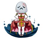  1girl arch_bishop_(ragnarok_online) black_shoes blood blood_on_clothes commentary_request cross curtsey dress frilled_thighhighs frills full_body ghost_mask juliet_sleeves long_sleeves looking_at_viewer open_mouth puffy_sleeves ragnarok_online red_dress sasamuke_pika sash shoes simple_background solo standing thighhighs two-tone_dress white_background white_dress white_thighhighs yellow_sash 