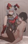  1boy 2girls animal_ears armored_leotard black_hair blush censored clothed_female_nude_male commander_(girls&#039;_frontline) dark-skinned_female dark_skin fake_animal_ears girls&#039;_frontline girls&#039;_frontline_2:_exilium grey_hair hair_between_eyes hand_on_another&#039;s_head hetero highres indoors krolik_(girls&#039;_frontline_2) leotard long_hair mechanical_ears medium_hair mosaic_censoring multiple_girls natawaru nemesis_(girls&#039;_frontline_2) nude penis playboy_bunny ponytail purple_eyes rabbit_ears red_eyes sex short_ponytail smirk tactical_playboy_bunny torn_clothes vaginal 