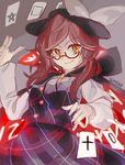  :&gt; brown_hair buttons cape card clothes_writing glasses hat highres lantrat666 long_sleeves semi-rimless_eyewear sketch smile solo touhou under-rim_eyewear usami_sumireko v-shaped_eyebrows yellow_eyes zener_card 