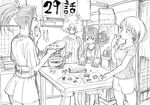  4girls :&gt; ashido_mina asui_tsuyu black_sclera boku_no_hero_academia bowl box casual collarbone cooking graphite_(medium) hair_rings hair_up heart holding horikoshi_kouhei horns indoors kitchen long_hair long_sleeves multiple_girls oven ponytail short_hair shorts star table traditional_media uraraka_ochako yaoyorozu_momo 