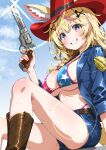  1girl absurdres american_flag american_flag_bikini american_flag_print anime_coloring bikini blonde_hair blue_jacket blue_shorts blush breasts cowboy_hat denim denim_shorts flag_print flag_print_bikini gun hair_ornament hat highres holding holding_gun holding_weapon hololive isakoro_(hx9cj) jacket knee_up large_breasts looking_at_viewer multicolored_hair navel omaru_polka open_clothes outdoors print_bikini purple_eyes purple_hair revolver short_shorts shorts sitting smile solo streaked_hair swimsuit weapon x_hair_ornament 