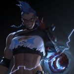 1girl abs arm_at_side armor blue_hair braid breasts breikka chest_harness clenched_hand crop_top dark dark-skinned_female dark_skin earrings elbow_pads electricity face_piercing facial_tattoo fingerless_gloves floating_hair forehead_piercing gloves grin harness jewelry junker_queen_(overwatch) large_breasts lip_piercing lip_ring long_hair looking_at_viewer midriff mohawk multiple_piercings muscular muscular_female navel overwatch piercing red_eyes scar scar_on_face shoulder_armor single_elbow_pad smile solo spiked_elbow_pads spikes stomach tattoo upper_body v-shaped_eyebrows 