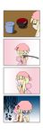  4koma absurdres all_fours apron blonde_hair bowl chibi closed_eyes comic covering_mouth dress eating fairy_wings food gradient gradient_background highres lily_white minigirl rakugaki-biyori rice rice_bowl silent_comic solo soup spoon sweatdrop tasting tears touhou trembling turn_pale white_dress wings 