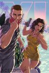  1boy 1girl absurdres acezdib artist_name beach beretta_92 building dark-skinned_female dark_skin dress gold_dress grand_theft_auto grand_theft_auto_vi gun handgun highres holding holding_gun holding_weapon jason_duval lucia_caminos medium_hair miami money_bag short_hair signature watermark weapon 