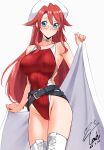  1girl aty_(summon_night) belt belt_buckle black_belt blanket blue_eyes blush breasts buckle choker closed_mouth commission competition_swimsuit glasses hair_between_eyes hat highleg highleg_one-piece_swimsuit highres holding holding_blanket large_breasts long_hair looking_at_viewer multicolored_swimsuit one-piece_swimsuit pixiv_commission rectangular_eyewear red_hair red_one-piece_swimsuit signature simple_background smile solo summon_night swimsuit thighs white_background white_choker white_hat yoo_tenchi 