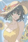  1girl bob_cut breasts dress flower fubuki_(one-punch_man) green_eyes green_hair highres large_breasts one-punch_man short_hair smile solo sunflower windriftdraws yellow_dress 