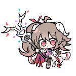  1girl animal_ears arknights brown_hair chibi closed_mouth commentary_request eyjafjalla_(arknights) eyjafjalla_the_hvit_aska_(arknights) full_body highres holding holding_staff horns korean_commentary long_hair looking_at_viewer malrangdonut red_eyes sheep_ears sheep_girl sheep_horns simple_background solo split_mouth staff white_background 