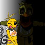 2025 animatronic anthro avian bird chicken darkness digital_media_(artwork) duo female five_nights_at_freddy's five_nights_at_freddy's_2 galliform gallus_(genus) gourdo harsh_lighting hi_res machine nightmare_fuel phasianid robot scottgames simple_background tongue tongue_out toy_chica_(fnaf) wire withered_chica_(fnaf) 