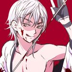  black_gloves blood gloves japanese_clothes licking_lips male_focus natsuhachi open_clothes partly_fingerless_gloves red_background silver_hair simple_background solo sword tongue tongue_out touken_ranbu tsurumaru_kuninaga upper_body weapon yellow_eyes 