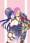  areola_slip areolae armor blue_eyes blue_hair breasts caitlyn_(league_of_legends) catnap_knight_kureto cleavage closed_eyes earrings eyeshadow fang fingerless_gloves gloves hat highres jewelry large_breasts league_of_legends lipstick machinery makeup multiple_girls open_mouth pink_hair puckered_lips sweat tattoo top_hat vi_(league_of_legends) yuri 