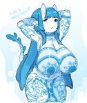 2024 areola big_breasts blue_blush blue_hair blush breasts crypine dede_(cherusdoodles) demon female floral_pattern floral_print fupa genitals guide_lines hair hi_res horn horned_humanoid humanoid humanoid_pointy_ears nipples not_furry nude nude_female nude_humanoid pointy_ears pussy raised_arms slightly_chubby slightly_chubby_female slightly_chubby_humanoid standing tail tampography thick_thighs