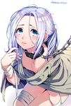  arslan arslan_senki artist_name bandages blue_eyes blue_hair blush chain collar flat_chest hairband ikezaki_misa long_hair looking_at_viewer male_focus nipples otoko_no_ko parted_lips simple_background sitting solo sweatdrop white_background 