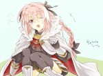  astolfo_(fate) braid cape commentary_request fang fate/apocrypha fate_(series) garter_straps hair_ribbon long_hair male_focus otoko_no_ko pink_eyes pink_hair ribbon single_braid solo tamaki_(glass_bottle) 