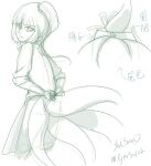  1other adagumo_no_yaorochi alternate_costume apron blunt_bangs buttons chinese_text closed_mouth collared_shirt contemporary double-parted_bangs green_theme hair_ornament hair_scrunchie high_side_ponytail len'en long_hair long_sleeves multiple_tails multiple_views pants pointy_nose scarf scrunchie shirt simple_background sketch sleeve_bow sleeve_cuffs smile snake_tail tail three-quarter_sleeves translation_request tying_apron white_background yaxiu 