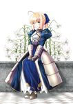  ahoge armor armored_dress artoria_pendragon_(all) blonde_hair chize dress fate/stay_night fate_(series) flower gauntlets green_eyes lily_(flower) saber sitting solo 