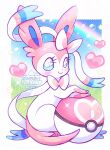  atom_palace blue_eyes border bow commentary english_commentary heart heart_in_eye highres looking_at_viewer love_ball no_humans poke_ball pokemon pokemon_(creature) pokemon_focus ribbon sitting smile solo sparkle sylveon symbol_in_eye tail watermark white_border yume_kawaii 