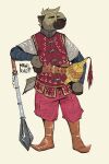 2:3 anthro arm_support armor blonde_hair byzantine cross ears_back gulonine hair hair_over_eyes headgear helmet hi_res hidden_eyes holding_armor holding_headgear holding_helmet holding_object leaning leaning_on_elbow leaning_on_weapon male mammal mawkvlt medieval medieval_armor medieval_clothing melee_weapon mustelid musteline pivoted_ears solo strong_fat tail trofim_wolverine_(mawkvlt) weapon wolverine