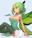  2014 anastasia_(norasuko) bad_id bad_tumblr_id breasts bustier choker cleavage eyelashes fairy fairy_wings folded_ponytail green_eyes green_hair green_legwear green_wings large_breasts light_smile looking_at_viewer making_of norasuko oni_horns original pelvic_curtain pointy_ears see-through short_hair signature sitting skirt solo thighhighs wings 