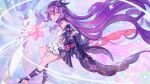  1girl breasts dress elbow_gloves full_body gloves highres honkai_(series) honkai_impact_3rd long_hair marina_mag medium_breasts purple_dress purple_gloves purple_hair sirin sirin_(miracle_magical_girl) solo toes very_long_hair yellow_eyes 