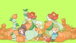  2boys brown_hair darumaka denim denim_shorts gen_5_pokemon green_eyes green_hair jacket katiko lilligant long_hair multiple_boys n_(pokemon) petilil pokemon pokemon_(creature) pokemon_(game) pokemon_bw ponytail pumpkin purple_eyes shorts simple_background touko_(pokemon) touya_(pokemon) vest 