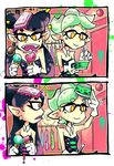  ? aori_(splatoon) choker clothes clothes_rack comic commentary domino_mask dress earrings eating fangs food gloves green_hair headdress hotaru_(splatoon) ice_cream ice_cream_cup ink jewelry mask mole mole_under_eye multiple_girls orange_eyes purple_hair setz splatoon_(series) splatoon_1 spoken_question_mark spoon tentacle_hair tentacles white_gloves 