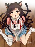  animal_ears apron bandages blush breasts brown_hair cat_ears cat_tail danganronpa dosugon fang kemonomimi_mode large_breasts long_hair looking_at_viewer mole mole_under_eye open_mouth puffy_short_sleeves puffy_sleeves purple_eyes short_sleeves solo super_danganronpa_2 tail tsumiki_mikan 